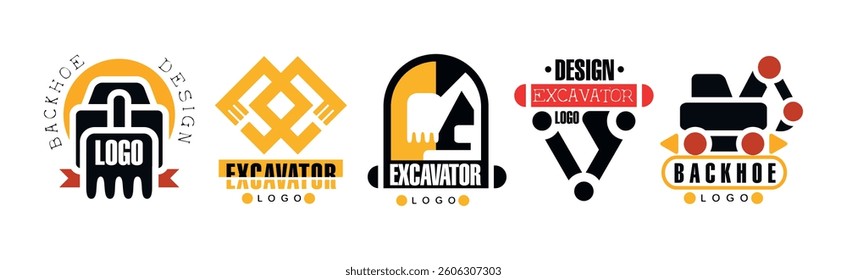 Backhoe Excavator Logo and Label Design Vector Set