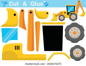 Backhoe loader cartoon. Cutout and gluing. Vector cartoon illustration