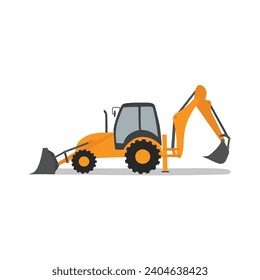 Backhoe loader flat vector illustration isolated on white background. Construction equipment clip art in cartoon style. Kid drawing. Hand drawn.