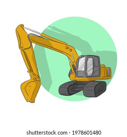 Backhoe loader hand drawn with green circle at the back isolated on white background