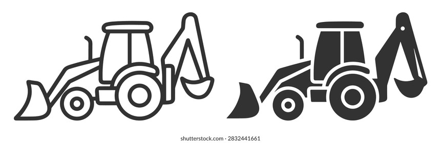 backhoe loader line and solid icon construction vehicle heavy machinery on transparent background