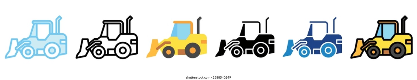 Backhoe Loader multi style, mini illustration icon. outline, flat, glyph, line color, UI, UX, app and web, digital or print. related to heavy machinery, industry, road construction theme