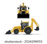The Backhoe loader is prominently displayed in a white background, highlighting its powerful design and features for various construction tasks.