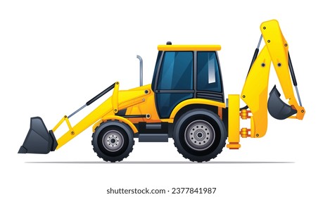 Backhoe loader side view vector illustration. Heavy machinery construction vehicle isolated on white background