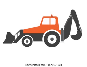 Backhoe loader tractor in flat style. Heavy construction equipment vector illustration.