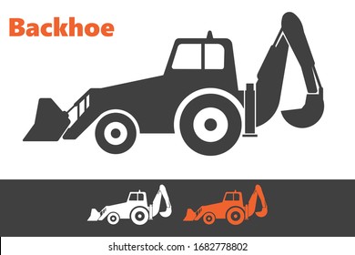 Backhoe loader tractor icon.Excavating equipment consisting of a digging bucket on the end of a two-part articulated arm and a load bucket at a front.Digger operating sign.