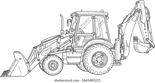 Ilustração do vetor da escavadeira, maquinário pesado preto e branco com balde dianteiro e escavadora traseira, desenho plano para o projeto da engenharia