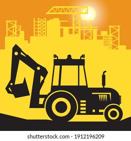 Backhoe Loader work on construction site, vector illustration