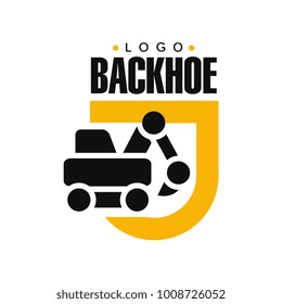 Backhoe logo design, excavator equipment service yellow and black label vector Illustration