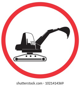 backhoe on work, road symbol sign and traffic symbol design concept, vector illustration.