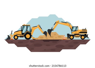 Backhoe and wheeled excavator working on earth moving, heavy machinery used in the construction and mining industry. safety cones