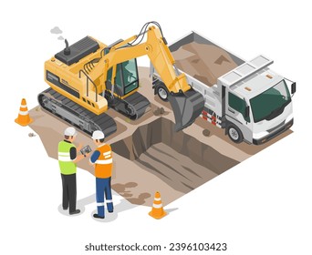 backhoe working at construction site with dump truck isometric and enginneer working with worker islolated cartoon vector