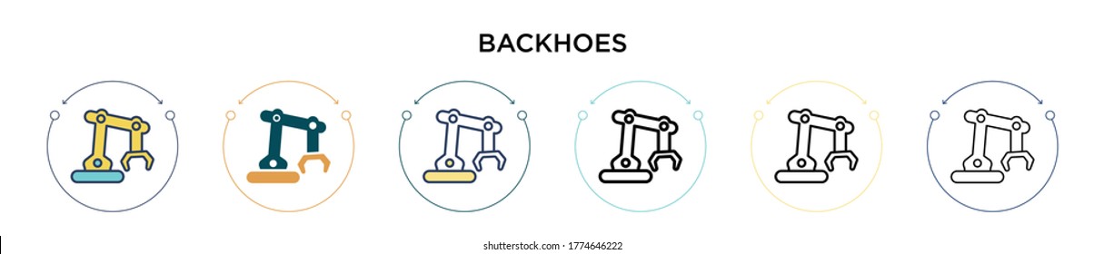 Backhoes icon in filled, thin line, outline and stroke style. Vector illustration of two colored and black backhoes vector icons designs can be used for mobile, ui, web
