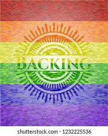 Backing emblem on mosaic background with the colors of the LGBT flag