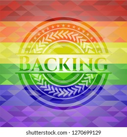 Backing emblem on mosaic background with the colors of the LGBT flag