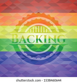 Backing emblem on mosaic background with the colors of the LGBT flag