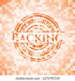 Backing orange tile background illustration. Square geometric mosaic seamless pattern with emblem inside.