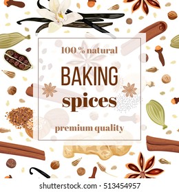 Backing spices big set with square label. Bunch of cooking seasonings. For culinary, cosmetics, bakery, bake shop, bakehouse, natural health care products. Can be used as logo design, price tag, label