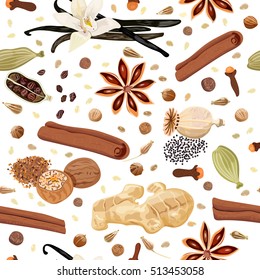 Backing spices seamless pattern. Bunch of cooking seasonings. For culinary, cosmetics, bakery, bake shop, bakehouse, natural health care products. Can be used as textile, packing, wrapping