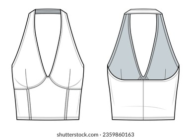 backless halter crop top technical fashion illustration. halter top vector template illustration. front and back view. slim fit. v-neck. women's. white color. CAD mockup set.