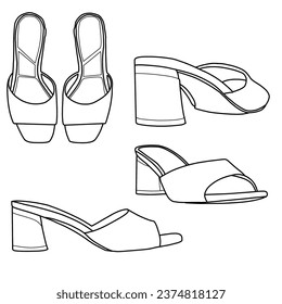 Backless mule shoes or slip-on loafers. Footwear flat color icon set isolated on white background.