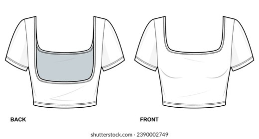 Backless slim fit T-shirt flat technical fashion illustration. Fitted tee shirt fashion flat technical drawing template, crop, square neckline. front view, back view, CAD mockup set.