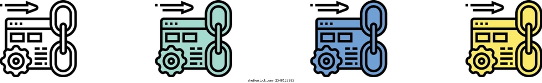 Icono de enlace inverso. Esquema, diseño de estilo verde, azul y amarillo aislado sobre fondo blanco