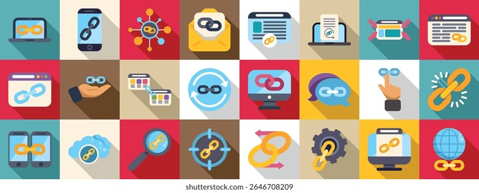 Conjunto de iconos de backlink. Iconos de construcción de backlink que muestran el proceso de construcción de Enlaces para SEO y marketing digital
