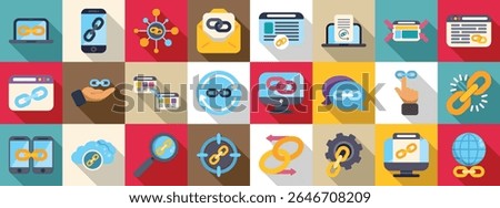 Backlink icons set. Backlink building icons showing link building process for seo and digital marketing