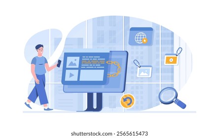 Backlink, Link building, Search engine optimization. Active link to content source, hyperlink connection. Vector illustration with characters in flat design for web banner.