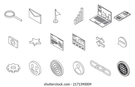 Backlink strategy icons set. Isometric set of backlink strategy vector icons outline isolated on white background