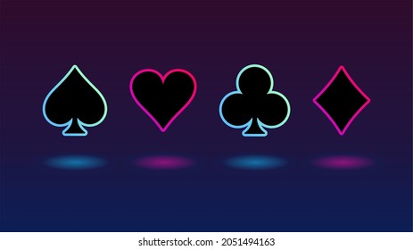 Backlit neon style card suits, card game, playing cards suit, red and black playing cards symbol set, vector illustration, place for text 