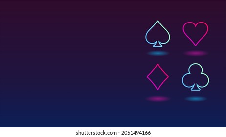 Backlit neon style card suits, card game, playing cards suit, red and black playing cards symbol set, vector illustration, place for text 