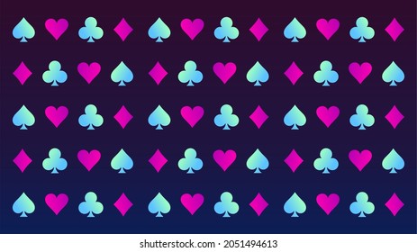 Backlit neon style card suits pattern, card game, playing cards suit, red and black playing cards symbol set, vector illustration, place for text 