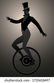 Backlit silhouette of equilibrist dressed in the old fashion, wearing top hat, balancing on unicycle