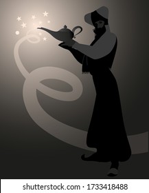 Backlit silhouette of magician dressed in the oriental style, holding a magic lamp