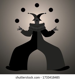Backlit silhouette of retro style clown juggling balls