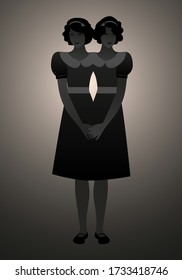 Backlit silhouette of siamese sisters dressed in the old way