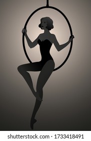 Backlit Silhouette Of Woman Trapeze Artist Sitting On A Hoop Suspended In The Air 