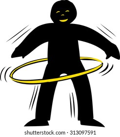 Backlit smiling person using yellow hula hoop over white