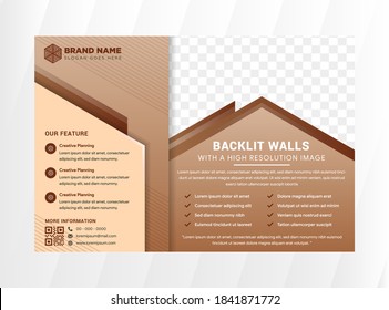 Backlit walls flyer design template with abstract geometric background use brown gradient. transparency line pattern. horizontal layout. rectangle shape for photo space.