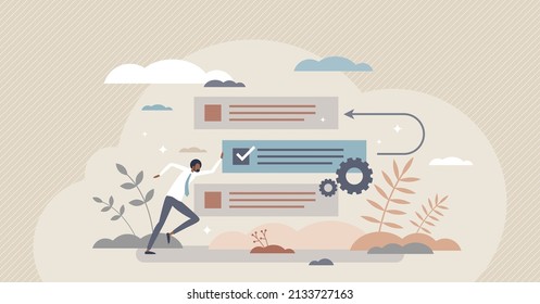 Backlog as agile project management for product software tiny person concept. Project workflow strategy and task priority optimization vector illustration. Database list effective and fast improvement