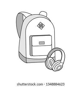BackpaBackpack, bag, rucksack and headphones vector isolated set. Youth fashion hipster knapsack illustration in minimalist style for logo, sign, poster, postcard, fashion booklet, flyer. Sport bag lo