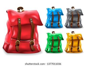 Backpack 3D Realistic Bag Set Design with Different Color Variations Like Red, Blue, Black, Green, and Yellow in White Isolated Background for Back to School or Travel. Vector Illustration