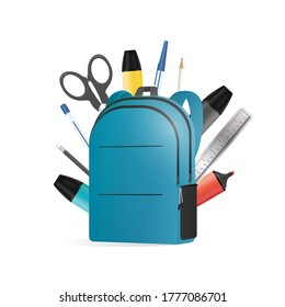 Backpack in 3d. School backpack with office supplies. School supplies, pen, pencil, marker, ruler, scissors, paper clip. Good for a back to school topic. Isolated. Vector.
