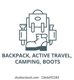 Backpack, active travel, camping, boots line icon, vector. Backpack, active travel, camping, boots outline sign, concept symbol, flat illustration