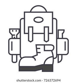 backpack, active travel, camping, boots vector line icon, sign, illustration on background, editable strokes