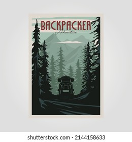 backpack adventure poster vintage illustration design, adventure camp print