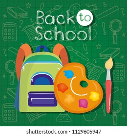 backpack and art palette with paintbrush in school supplies background vector illustration