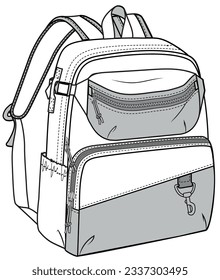 backpack attached with fanny bag flat sketch vector illustration technical cad drawing template